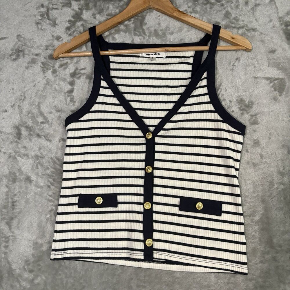 Vigoss Women’s Cardigan Knit Top Size Small Navy Blue White Cotton Gold Buttons